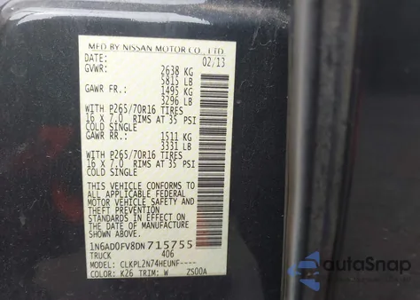 2013 Nissan Frontier Sv z USA, uszkodzony, nr VIN 1N6AD0FV8DN715755